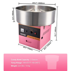 VEVOR Electric Cotton Candy Machine, 1000W Candy Floss Maker, Commercial Cotton Candy Machine With Stainless Steel Bowl, Sugar Scoop, And Drawer, Perfect For Home Kids Birthday, Family Party Pink