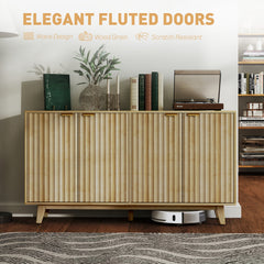 Fluted Sideboard Buffet Cabinet, 55 Coffee Bar Cabinet With 4 Doors, 2 Adjustable Shelves, 5 Wood Legs, Oak